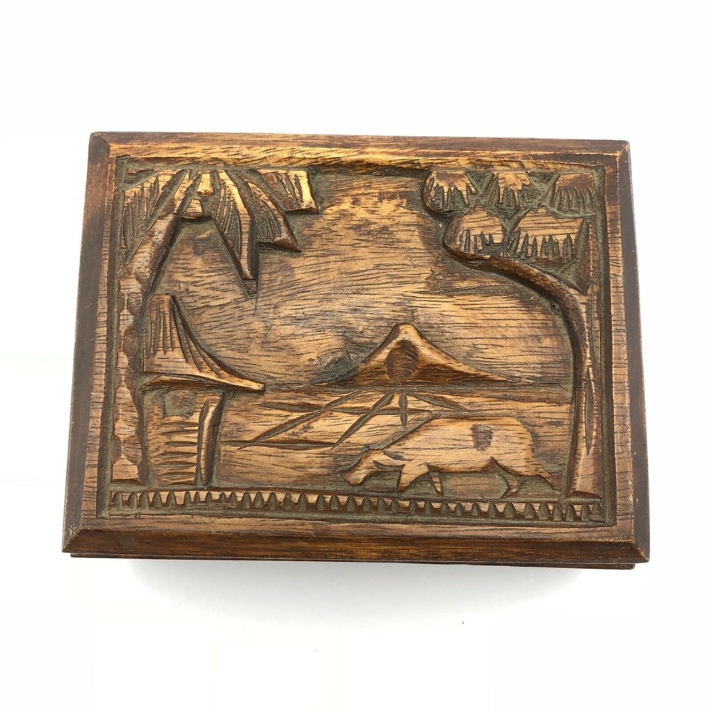 Vintage Hand Carved Wooden Jewelry Box Monkey Pod